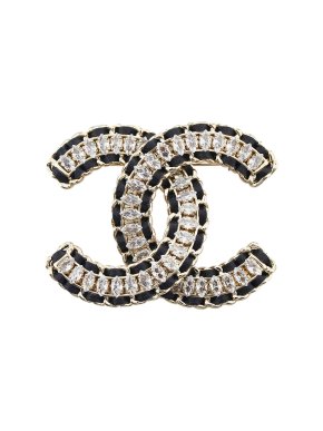 Chanel Leather Trimmed Crystal CC Brooch