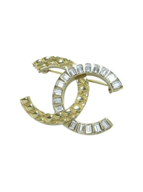 Chanel Gold Tone CC Quilted Crystal Brooch