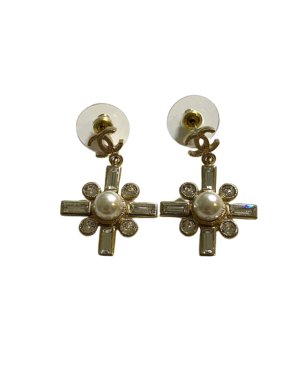 Chanel Gold Tone Faux Pearl Cross Drop Earrings