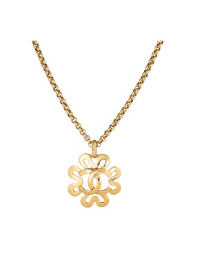 Chanel Gold Tone CC Floral Pendant Necklace