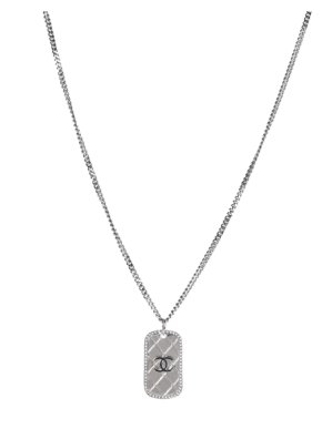 Chanel Silver CC Pendant Dog-Tag Necklace