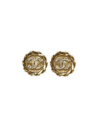 Chanel Gold -Tone CC Rhinestone Clip-On Earrings