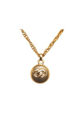 Chanel Gold Plated CC Round Sunburst Medallion Necklace