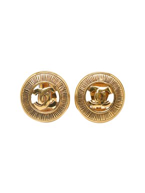 Chanel Gold Tone Round Cut Out CC Clip On Earrings