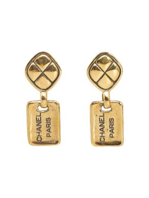 Chanel Gold Tone Logo Plate Drop Earrings