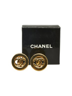 Chanel Gold Tone Round CC Clip On Earrings