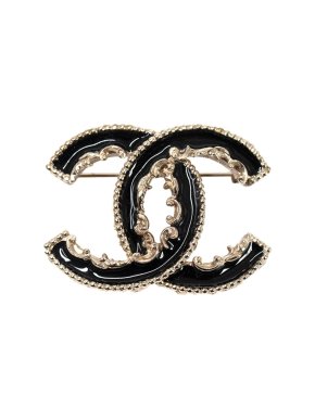 Chanel Black Enamel Champagne Gold CC Baroque Brooch