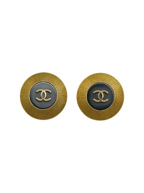 Chanel Black and Gold Enamel Sunburst CC Clip On Earrings