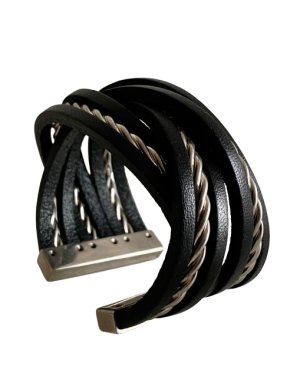 Saint Laurent Black Leather Cable Cuff Bracelet