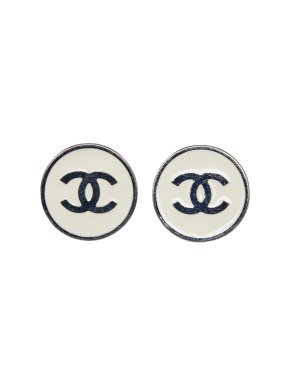 Chanel Round White and Silver CC Clip On Earrings