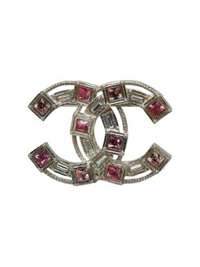 Chanel Silver and Pink CC Crystal Brooch
