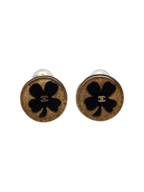 Chanel Gold and Black Clover Clip on Earrings