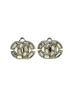 Chanel Silver CC Crystal Clip on Earrings