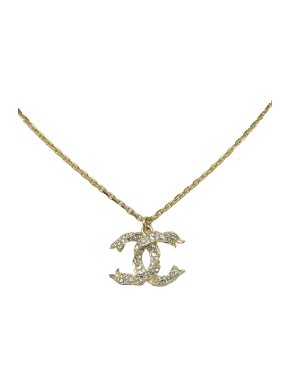 Chanel Champagne Gold CC Rhinestone Pendant Necklace