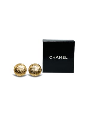 Chanel Gold Tone Logo Embossed Clip On Earrings