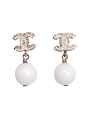 Chanel White and Silver CC Bead Drop Earrings