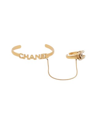 Chanel gold Tone Logo Bangle with Chain Attached CC Crystal Ring