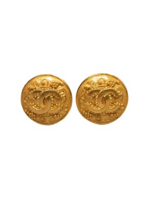Chanel Vintage Gold Plated Embellished CC Round Clip On Earrings