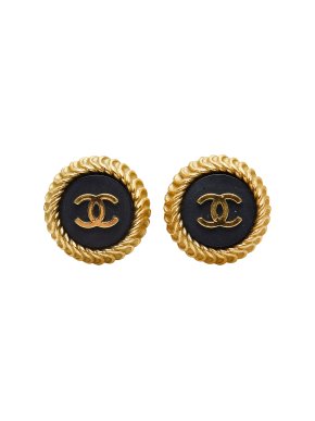 Chanel Vintage Black and Gold CC Clip On Earrings