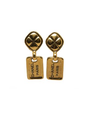 Chanel Gold Plated Logo Plate Drop Earrings