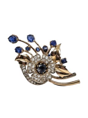 15ct Gold & Silver Blue & White Sapphire Mid-century Brooch