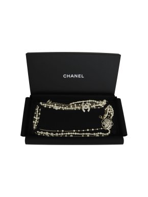 Chanel CC Faux Pearl Crystal Camellia Gold-Tone Long Necklace