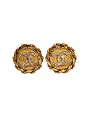 Chanel Vintage Gold Plated CC Rhinestone Clip on Earrings