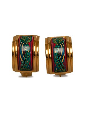 Hermes Green and Red Enamel Clip On Earrings