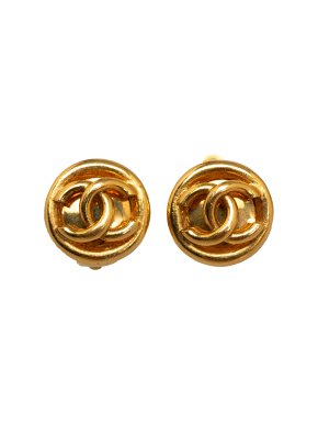 Chanel Round Gold Plated CC Clip On Earrings