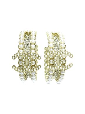 Chanel CC Rhinestone and Faux Pearl Hoop Earrings