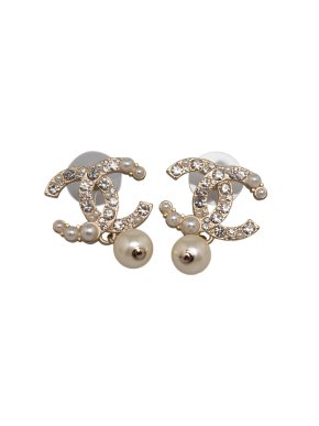 Chanel CC Faux Pearl Rhinestones Earrings