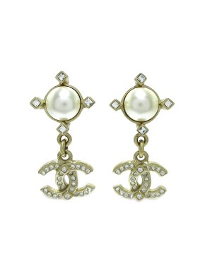 Chanel Faux Pearl & Strass CC Logo Push Back Drop Earrings