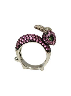 14ct White Gold Pink Sapphire, Diamond & Garnet Bunny Ring