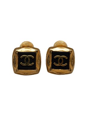 Chanel Black and Gold Square CC Clip On Earrings