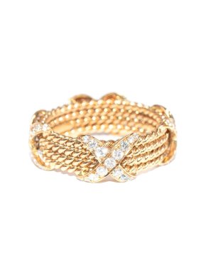 Tiffany & Co. 18kt Yellow Gold & Platinum Diamond Schlumberger 4 Row Rope X Ring
