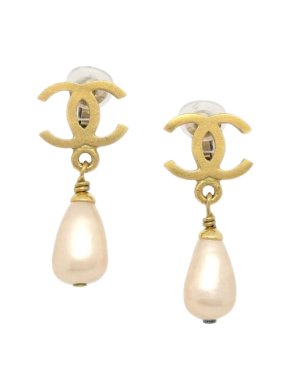 Chanel CC Faux Pearl Clip On Drop Earrings