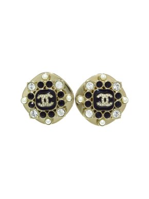 Chanel Champagne Gold CC Rhinestones Clip on Earrings