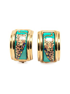 Hermes Leopard Cloisonne Enamel Clip On Earrings