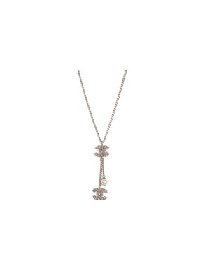Chanel Silver CC Pendant Necklace with Faux Pearl Detail