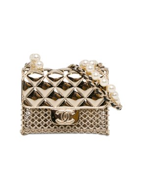 Chanel Gold Tone Metal and Faux Pearl Flap Pendant Necklace