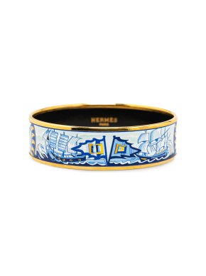 Hermes Blue Wide Estate Ship and Ocean Enamel Bangle GM