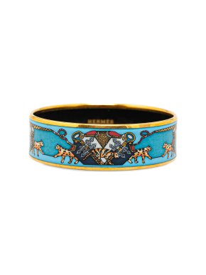 Hermes Blue Snow Leopards Wide Enamel Bangle 62