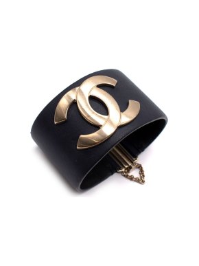 Chanel Navy CC Leather Cuff Bracelet