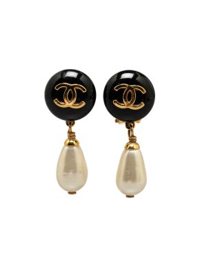Chanel Gold Plated CC Dangling Faux Pearl Clip on Earrings