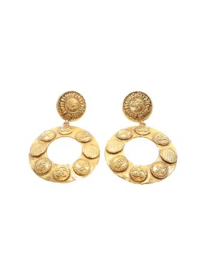 Chanel Gold Plated Sun Coin Medallion  Hoop Drop Earrings