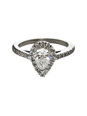 Pear Shaped Solitaire Diamond Halo Ring in 18ct White Gold
