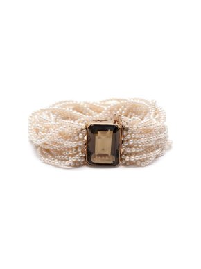 Vintage 14k Gold Smokey Quartz Bracelet with 18 Rows of Small Pearls 1
