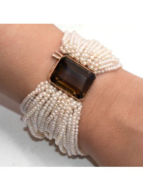 Vintage 14k Gold Smokey Quartz Bracelet with 18 Rows of Small Pearls