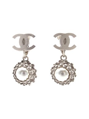 Chanel Silver Plated CC Faux Pearl Dangle Clip On Earrings