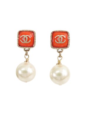 Chanel CC Gold Plated Enamel Faux Pearl Drop Earrings